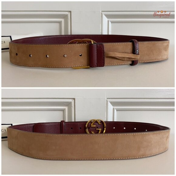 Authentic Gucci Red Pebbled Leather Gold Interlocking G Buckle Belt 95/38 - Picture 6 of 13